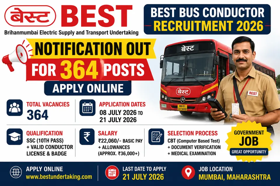 BEST Bus Conductor Recruitment 2026 Notification Out for 364 Posts, Apply Online 1 BEST Bus Conductor Recruitment 2026 Notification for 364 Posts