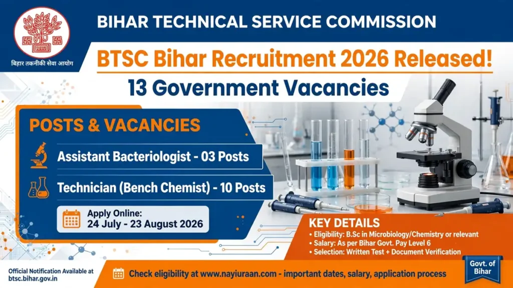BTSC Bihar Recruitment 2026 Apply Online for 13 Assistant Bacteriologist and Technician Vacancies