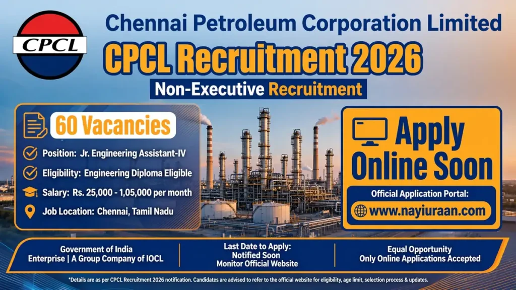CPCL Recruitment 2026 notification for 60 Junior Engineering Assistant-IV vacancies in Production, Mechanical, Electrical, and Instrumentation disciplines with salary up to ₹1,05,000.
