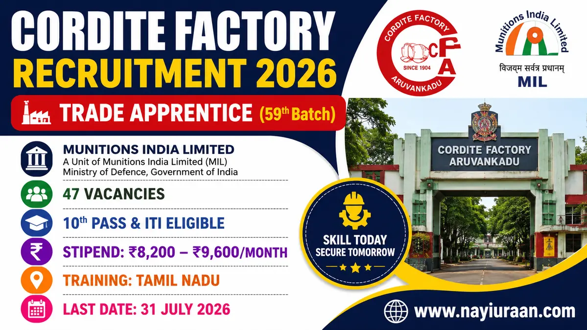 Cordite Factory Aruvankadu Apprentice Recruitment 2026 Apply Offline for 47 Trade Apprentice Vacancies