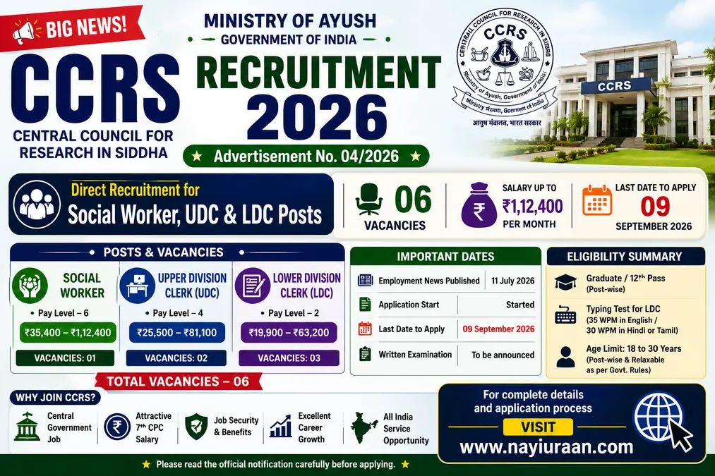 CCRS Recruitment 2026 Apply Offline for Social Worker UDC and LDC Vacancy