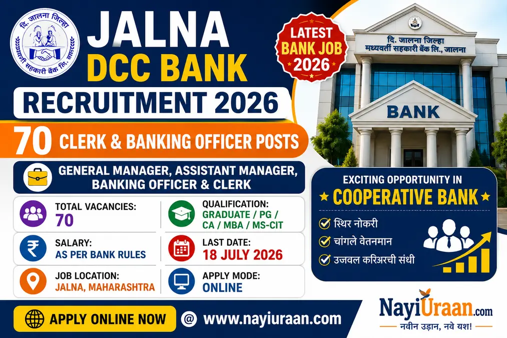 Jalna DCC Bank Recruitment 2026 notification for 70 Clerk, Banking Officer, Assistant Manager and General Manager posts. Apply online before 18 July 2026.