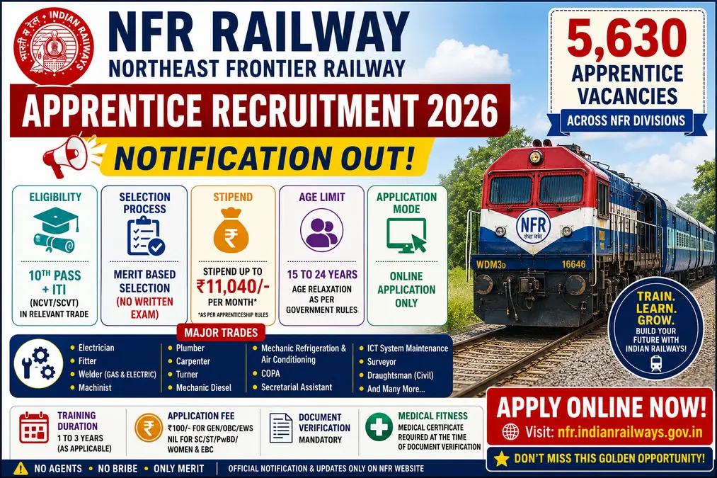 NFR Railway Apprentice Recruitment 2026 Notification for 5630 Apprentice Vacancies