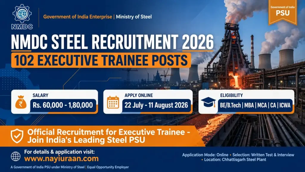 NMDC Steel Recruitment 2026 Notification Out for 102 Executive Trainee Vacancies, Apply Online Till 11 August 1 NMDC Steel Recruitment 2026 for 102 Executive Trainee Vacancies