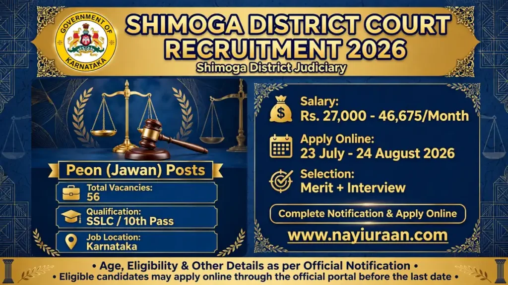 Shimoga District Court Peon Recruitment 2026 Notification Out for 56 Vacancies, Apply Online 1 Shimoga District Court Peon Recruitment 2026 notification for 56 vacancies, SSLC 10th pass government job in Karnataka, apply online before 24 August 2026.