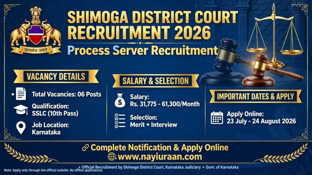 Shimoga District Court Process Server Recruitment 2026 notification for 06 vacancies. SSLC (10th Pass) candidates can apply online from 23 July to 24 August 2026 for Karnataka Government Court jobs.
