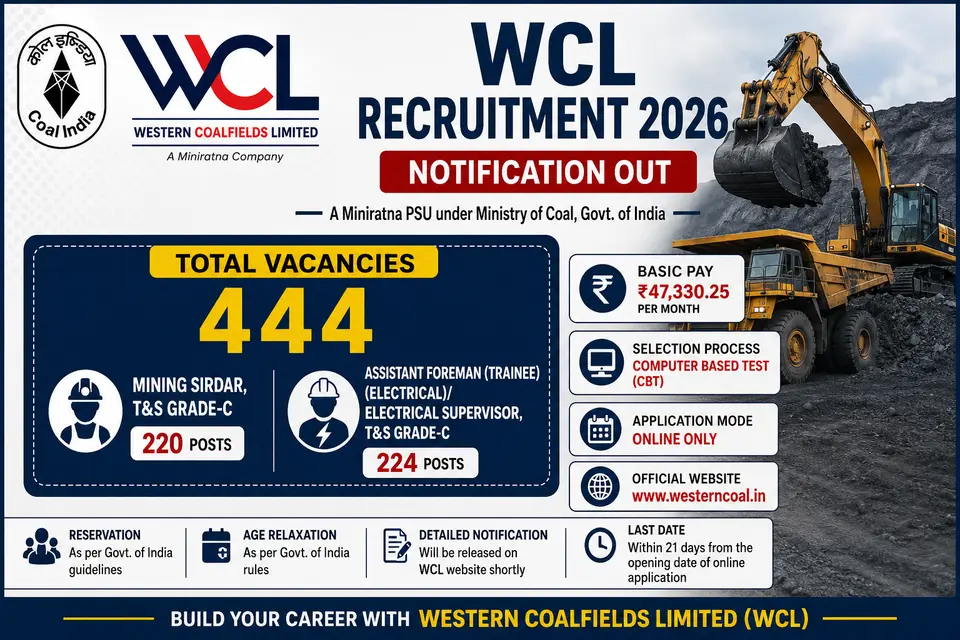WCL Recruitment 2026 Notification for 444 Mining Sirdar and Assistant Foreman Posts