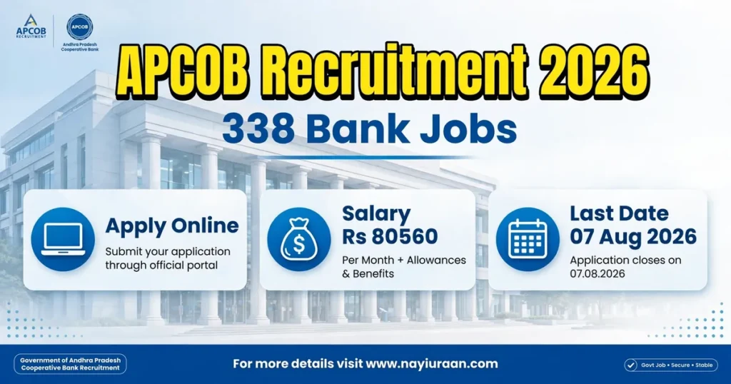 APCOB Recruitment 2026 notification for 338 Staff Assistant and Assistant Manager vacancies with online application, salary up to ₹80,560, and last date 07 August 2026