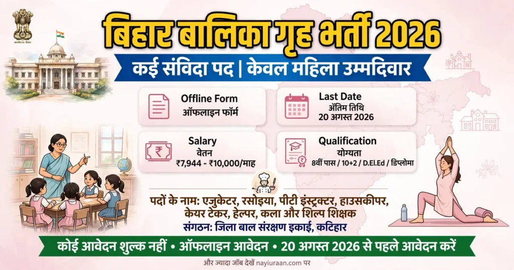 Bihar Balika Grih Katihar Recruitment 2026 for Educator, Cook, PT Instructor, Housekeeper and Various Posts – Offline Application