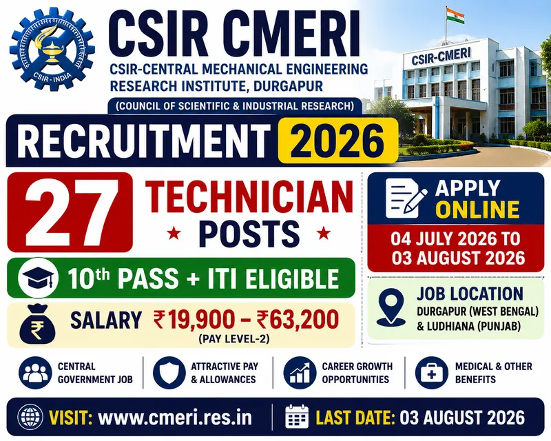 CSIR CMERI Recruitment 2026 Notification for 27 Technician Posts Apply Online Before 03 August 2026