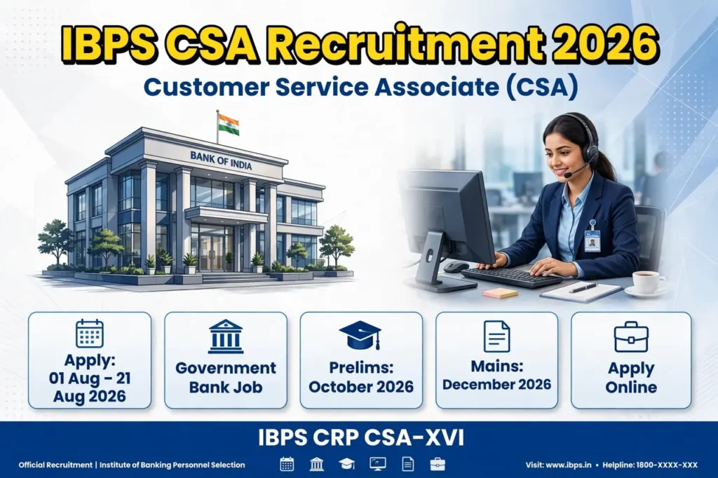 IBPS CSA Recruitment 2026 short notice released. Apply online from 1 August to 21 August 2026. 