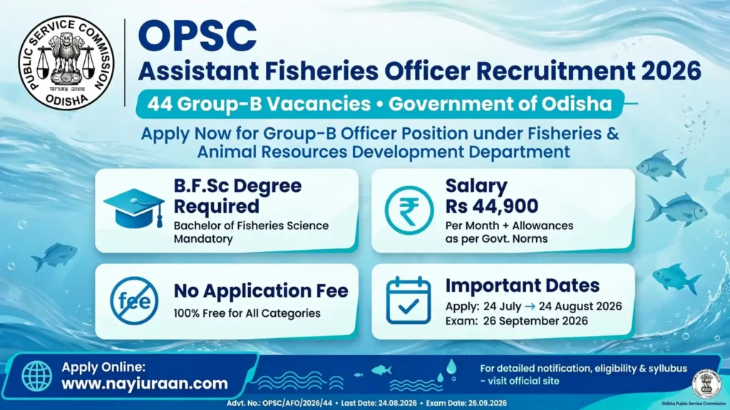 OPSC Assistant Fisheries Officer Recruitment 2026: Apply Online for 44 Group-B Posts | Salary ₹44,900, Eligibility, Exam Date 1 OPSC Assistant Fisheries Officer Recruitment 2026 Notification for 44 Group-B Posts