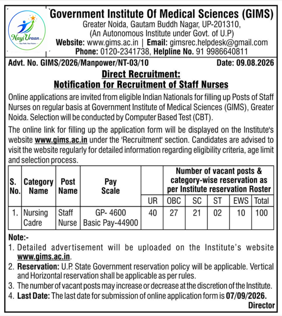 GIMS Staff Nurse Recruitment 2026 Out for 100 Posts