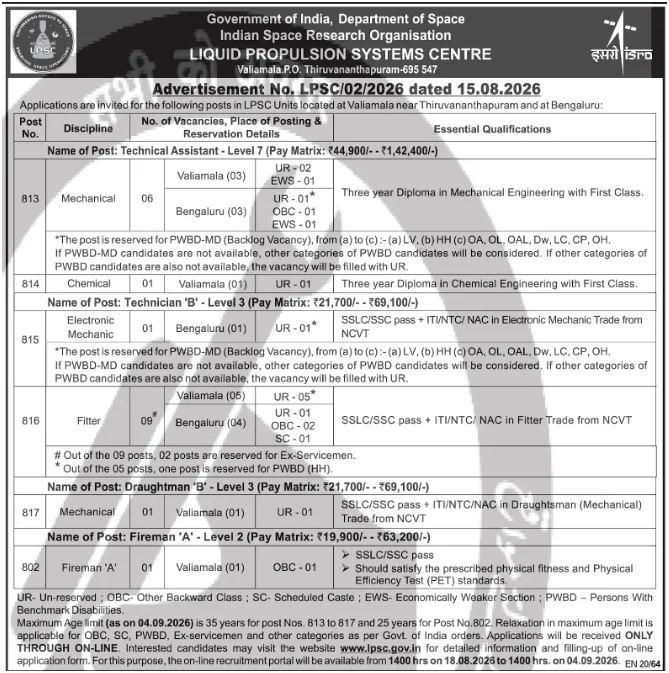 ISRO LPSC Recruitment 2026 Out for 19 Posts, Apply Online