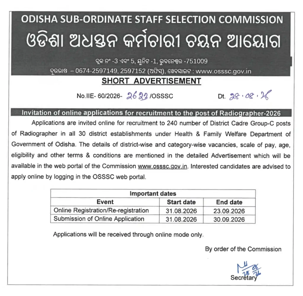 OSSSC Radiographer Recruitment 2026 – 240 Group C Posts