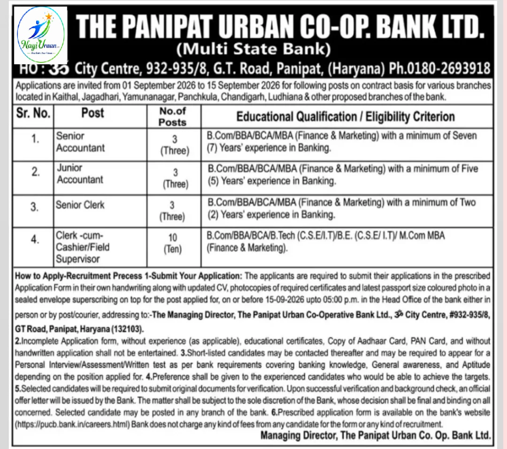 Panipat Urban Co-Op Bank Recruitment 2026 – Apply for 19 Posts