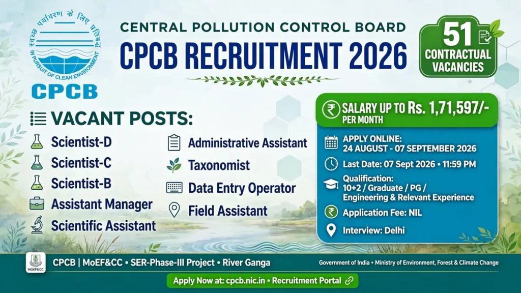 CPCB Recruitment 2026: Apply Online for 51 Scientist, Assistant & Field Assistant Posts 1 CPCB Recruitment 2026 for 51 Scientist Assistant and Field Assistant posts