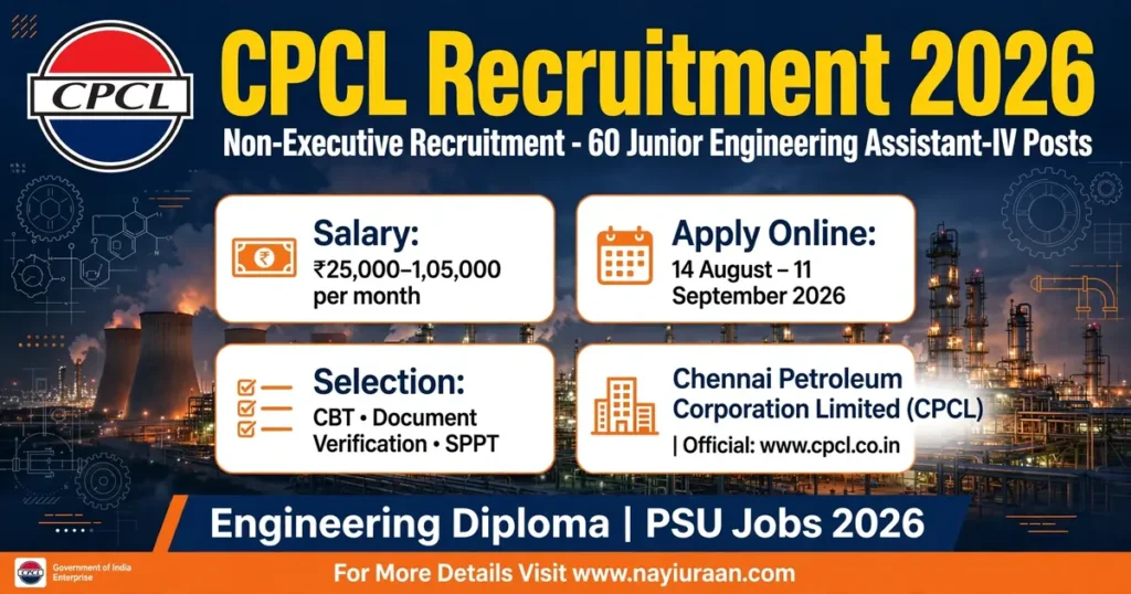 CPCL Non-Executive Recruitment 2026 notification released for 60 Junior Engineering Assistant-IV posts