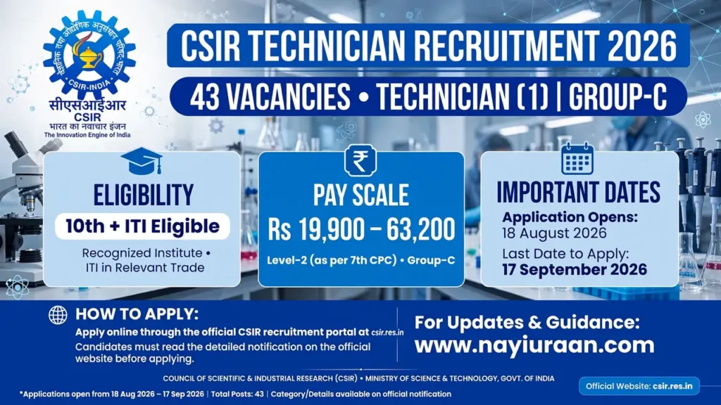 CSIR Technician Recruitment 2026 for 43 Technician posts