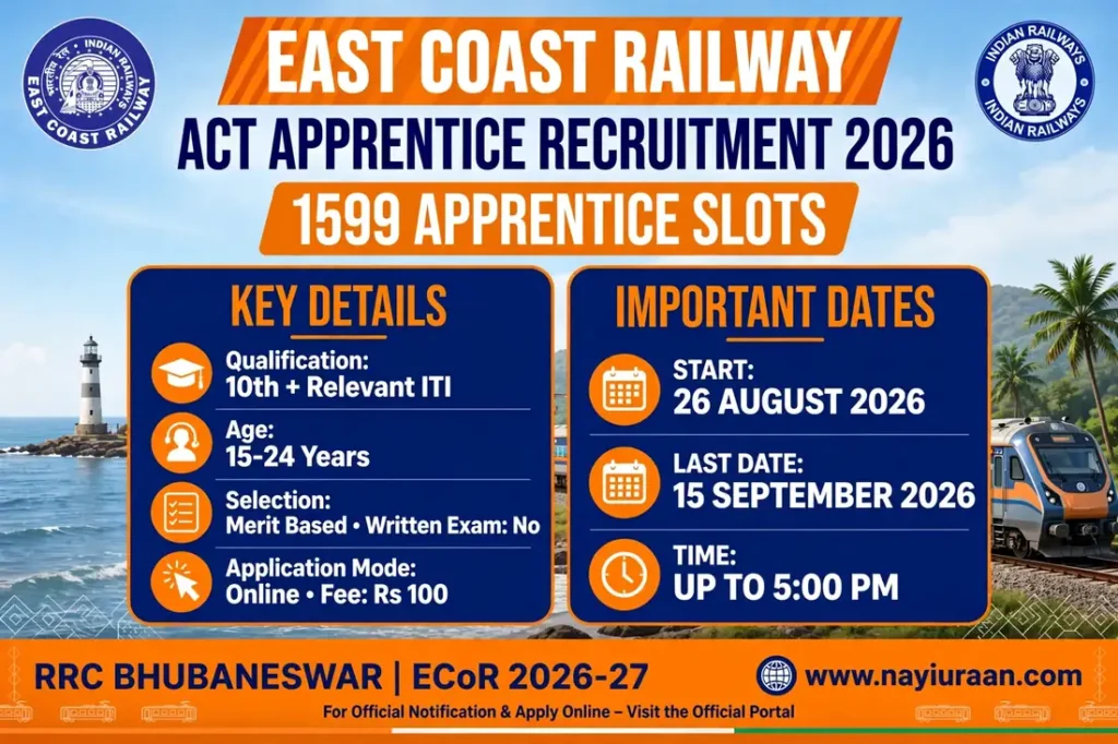 East Coast Railway Apprentice Recruitment 2026 for 1599 Act Apprentice Posts