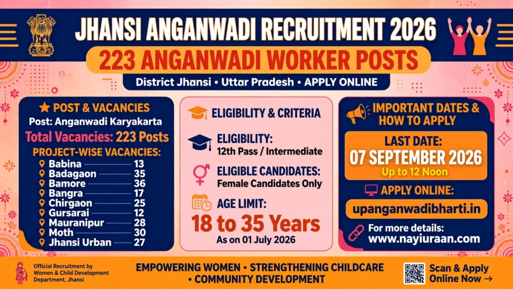 Jhansi Anganwadi Recruitment 2026 - 223 Anganwadi Worker Posts in Jhansi UP - Last Date 07 September 2026 