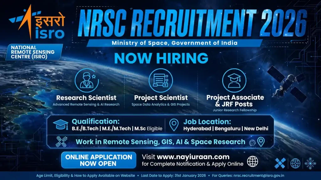 ISRO NRSC Recruitment 2026 Notification Out for Research Scientist, Project Scientist, JRF & Project Associate Posts 1 ISRO NRSC Recruitment 2026 Notification for Research Scientist, Project Scientist, JRF & Project Associate Posts