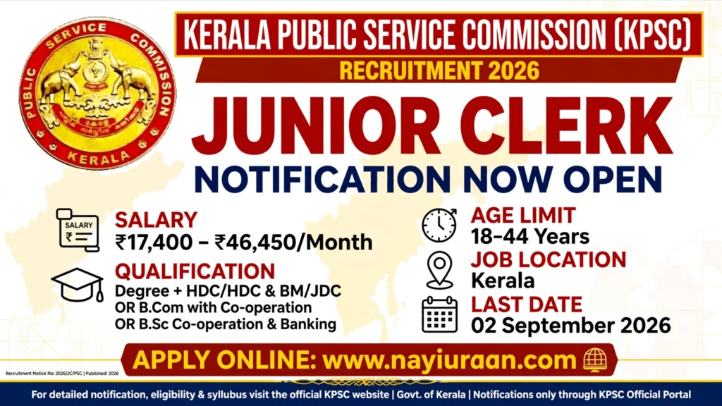 Kerala PSC Junior Clerk Recruitment 2026 Notification for Apex Co-operative Societies