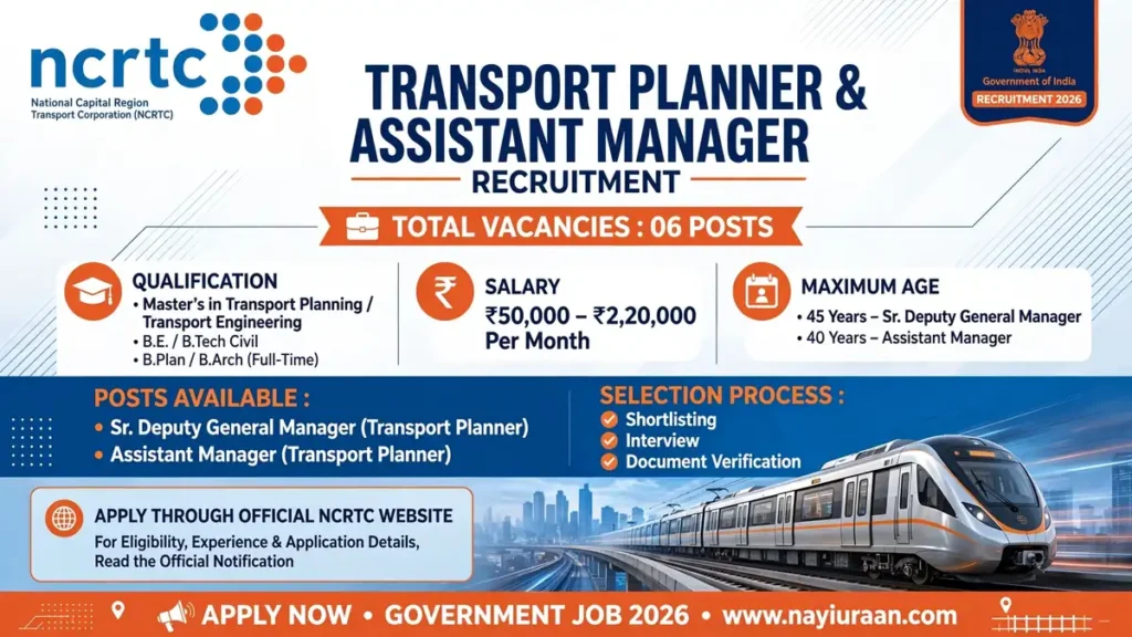 NCRTC Recruitment 2026 Notification for Transport Planner and Assistant Manager Posts