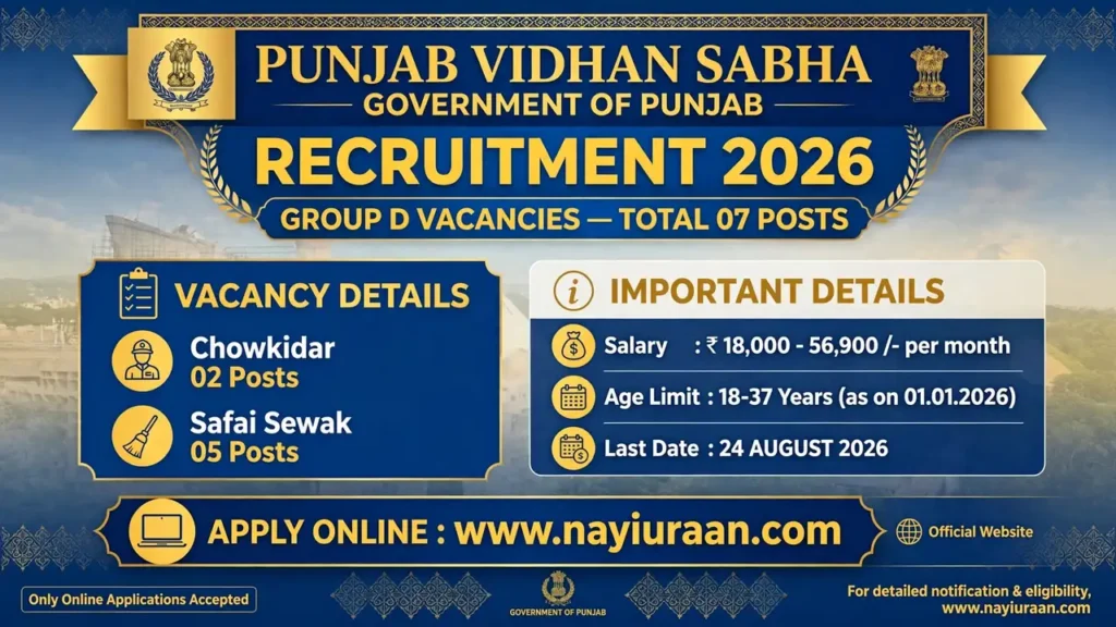 Punjab Vidhan Sabha Recruitment 2026 for 7 Chowkidar and Safai Sewak Posts