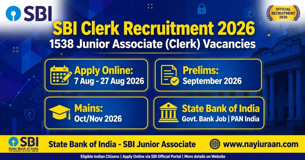 SBI Clerk Recruitment 2026 apply online for 1538 Junior Associate backlog vacancies