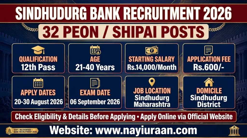 Sindhudurg Bank Peon Recruitment 2026 for 32 posts