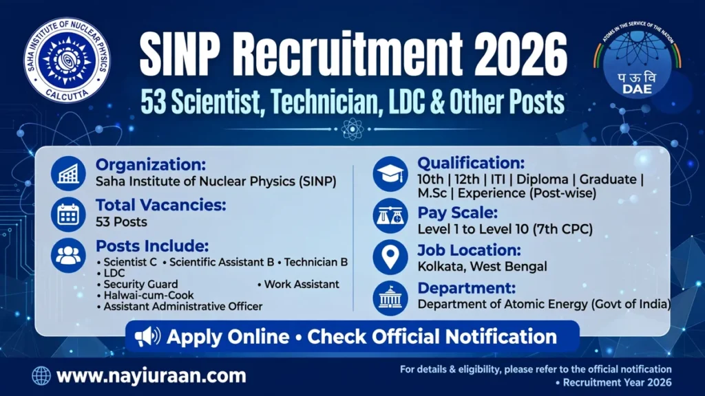 SINP Recruitment 2026 Notification Out for 53 Scientist, Technician, LDC & Other Posts 1 SINP Recruitment 2026 notification for 53 Scientist, Technician, LDC, Security Guard