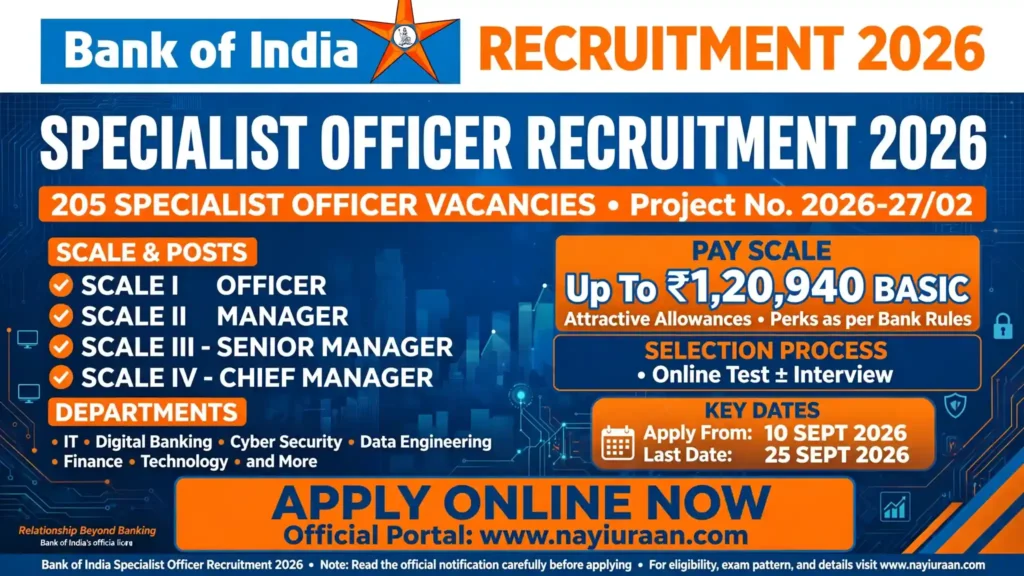 Bank of India SO Recruitment 2026: 205 Vacancies, Apply Online